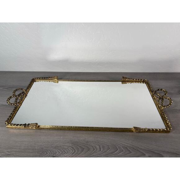 Vintage 1970s Mirrored Rectangular Tray W Ornate Brass Rope Ribbon Tassel Detail - Picture 1 of 7